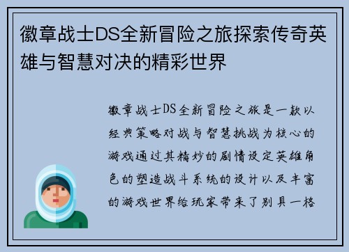 徽章战士DS全新冒险之旅探索传奇英雄与智慧对决的精彩世界